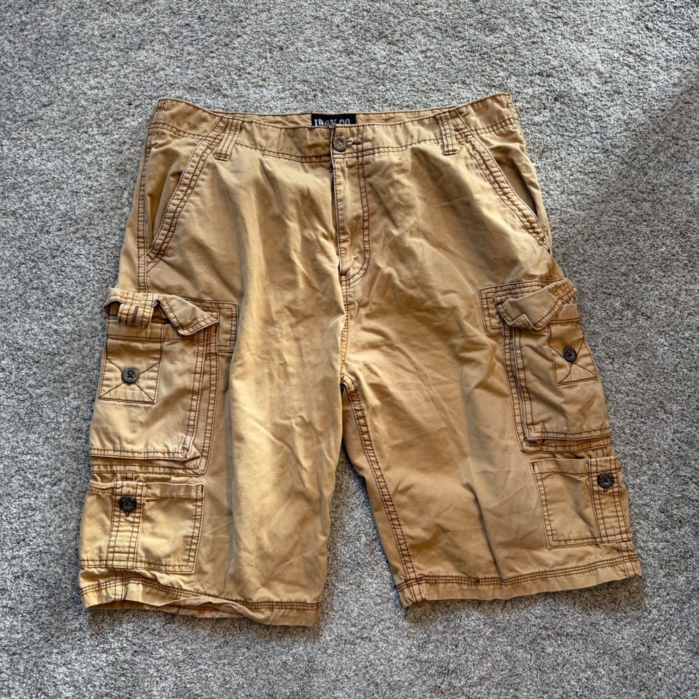 Baggy Iron Co Mens Tan Khaki Cargo Shorts Size 34 Cotton Multi Pocket Workwear